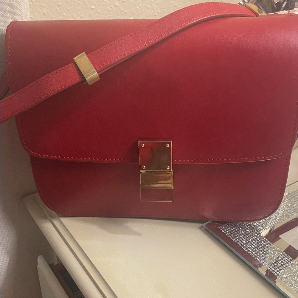 Red Leather Crossbody Bag with Gold-Tone Lock